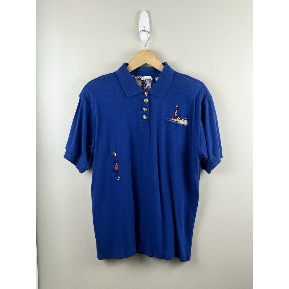 Line-Up Vtg Nantucket Polo Embroidered Lighthouse & Woman Blue Sz Lg Cotton